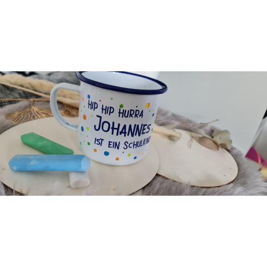 Emailletasse mit Spruch 